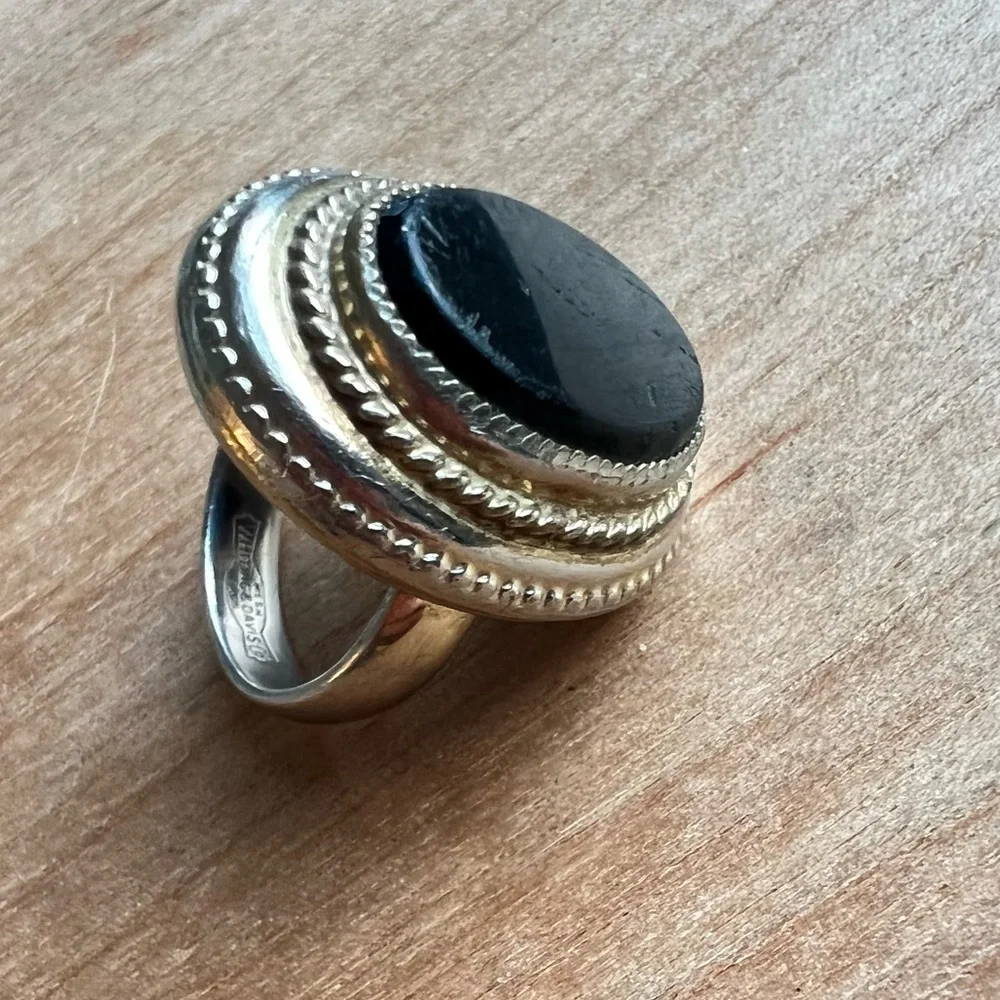 Vintage Whiting Davis Hematite Silver tone Cocktail Ring Signed